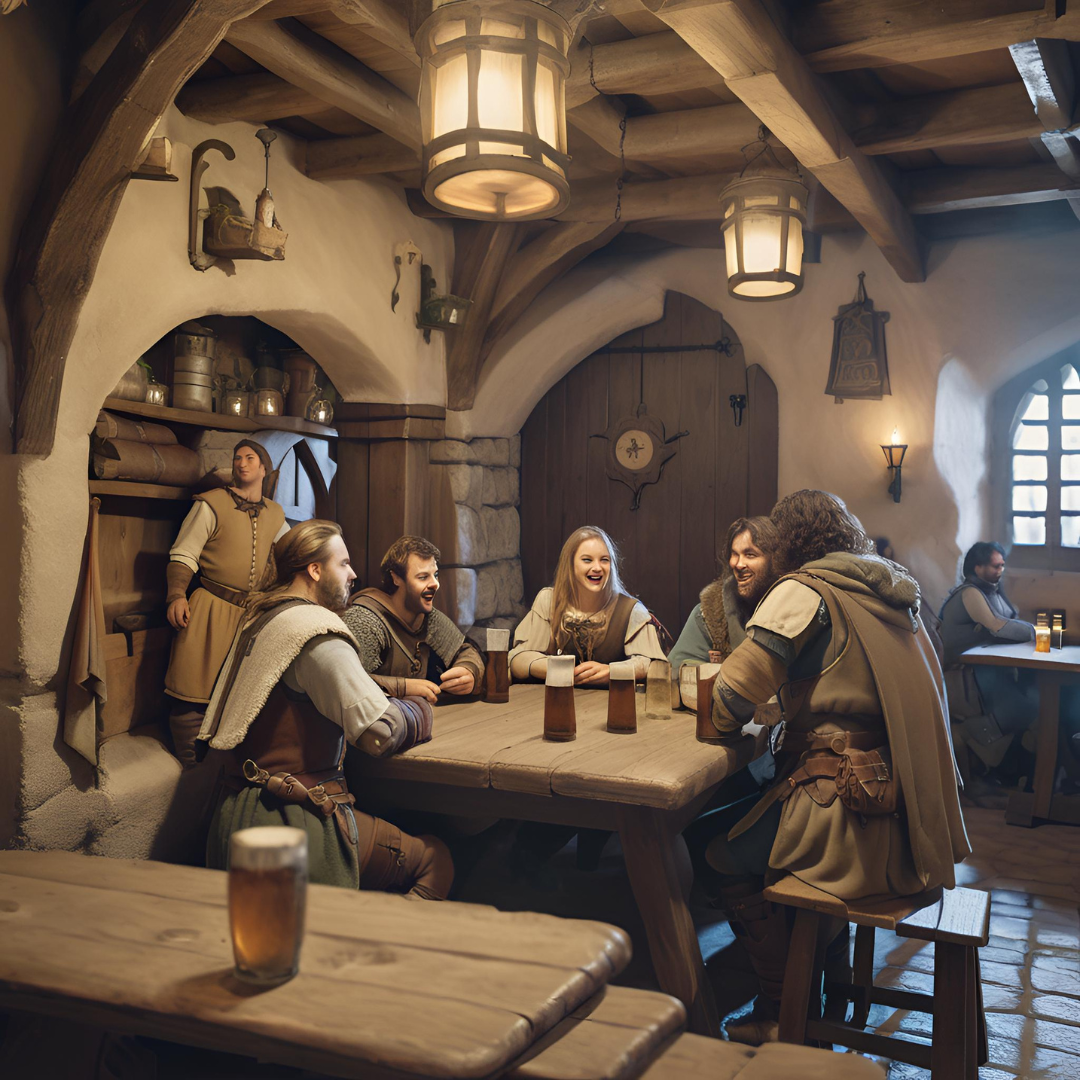 Pessoas em uma taverna medieval